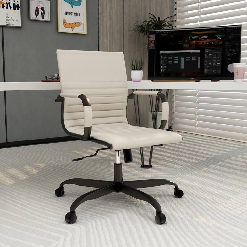 Harris Leather Mid-Back Adjustable Seat Height Office Desk Computer Swivel Chair in Black Metal Frame for Home Conference