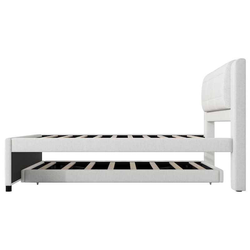 Full Size Linen Platform Bed with Adjustable Trundle - Convertible to Twin Guest Bed (No Box Spring Needed)