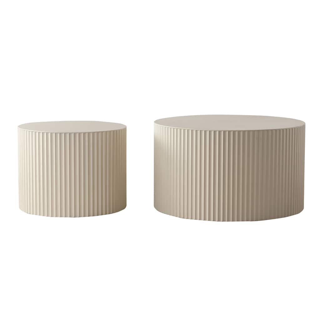 Set of 2 Modern Nesting Round Coffee Tables Drum Shaped Side Tables with Wavy Stripes, for Living Room