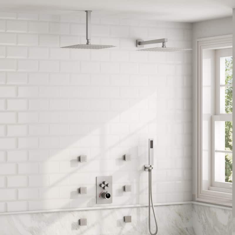 GRANDJOY Thermostatic Shower System Rainfall Dual Shower Heads 12 inch Ceiling and Wall Mount Body Jets Handheld Spray Combo