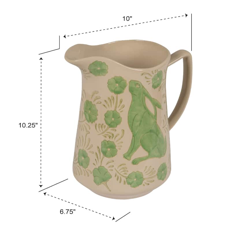 Stoneware Pitcher with Painted Rabbit and Florals