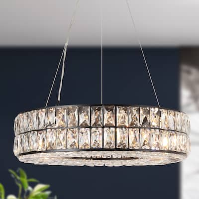 Modern Glam 8-Light Crystal Chandelier Black Drum Ceiling Light for Dining Room - D21" x H66"