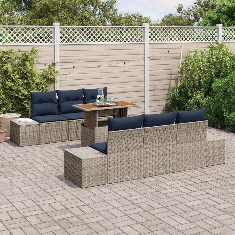 vidaXL 7 Garden Sofa Set with Cushions Black/Grey Poly Rattan - 94.1 x 24.4 x 27.2