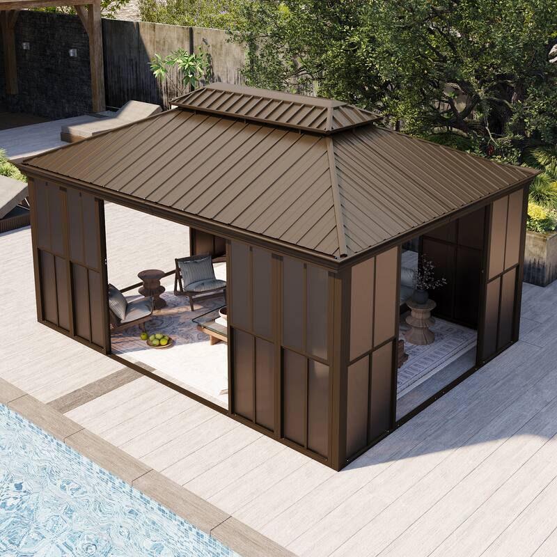 Hardtop Gazebo with Double Steel Roof, Sliding/Lockable Doors & Screens - All-Season Rustproof Aluminum Frame，Advanced Drainage