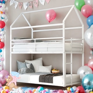 Modren Twin over Twin House Bunk Bed With Metal Frame and Built-in Ladder for Bedroom