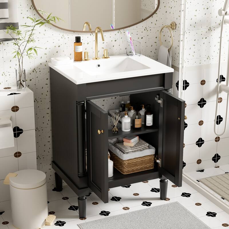 24 Inch Bathroom Vanity with Ceramic Top Sink, Freestanding Single Sink Vanity with Storage Shelves, Modern Style