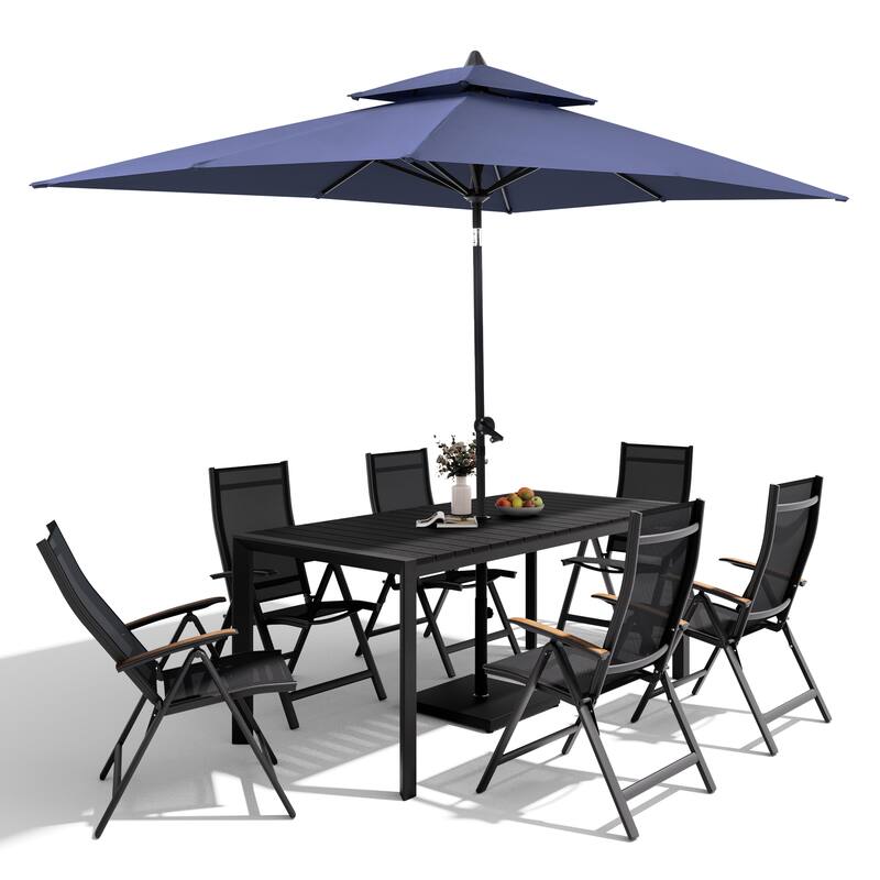 9-Piece Outdoor Patio Dining Set Wood Like Aluminum Umbrella Hole Table with Folding Chairs, Market Umbrella and Base