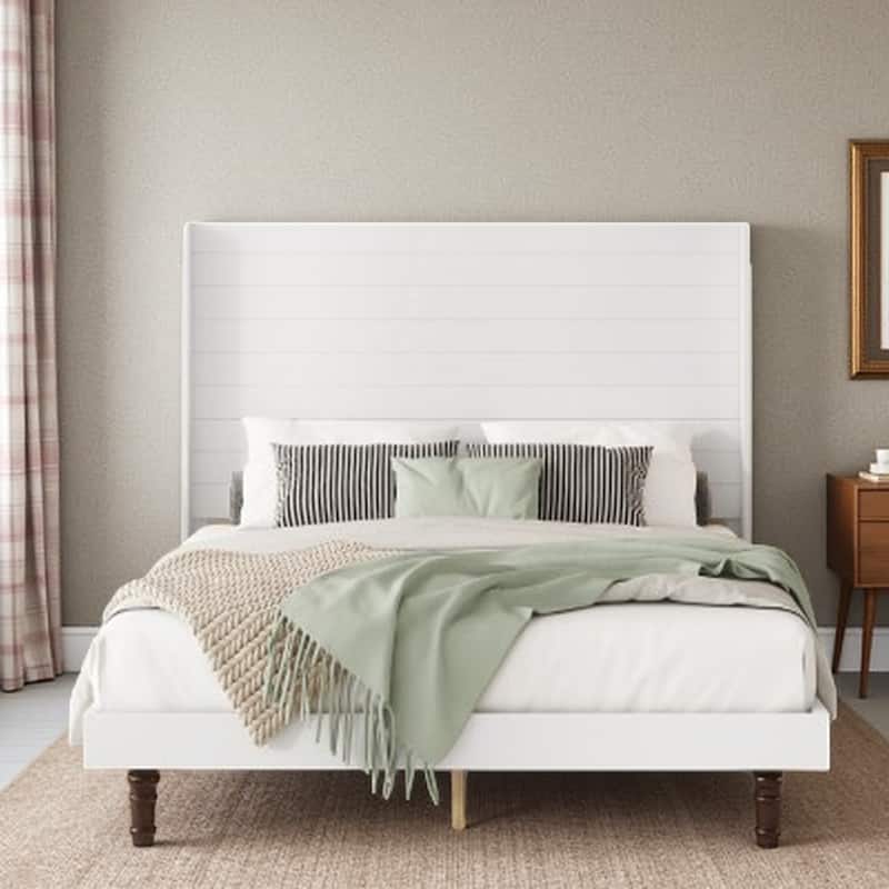 King Size Bed with 54-Inch High Headboard, Durable MDF & Pine Frame, Ideal for Reading or Relaxing - Queen White - Queen