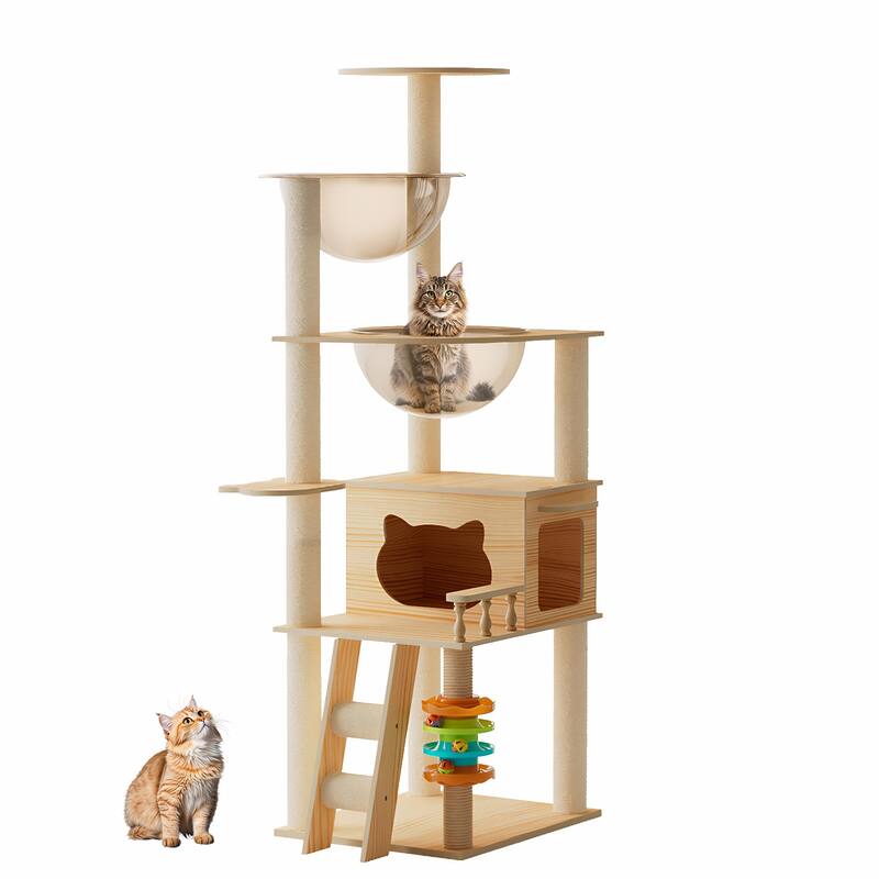 59" Modern Cat Tower, Wood Cat Tree Tower for Indoor Cats - Natural+White