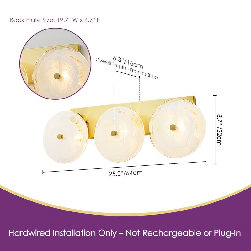 3-Light Mid-Century Modern Brushed Brass Vanity Light with Cloud-Textured Round Glass glass disc