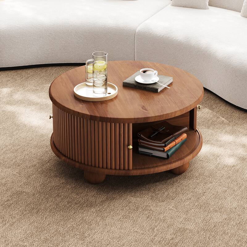 Round Coffee Table with Storage, 31.8" Modern Coffee Table with Sliding Door & Solid Wood Legs, Minimalist Center Table