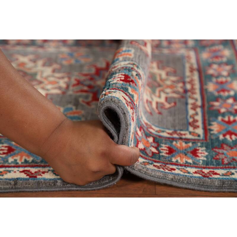 Hand Knotted Oriental 100% Wool Carpet Traditional Geometric Greys & Charcoal Kazak Area Rug - 2' 10'' X 1' 11''