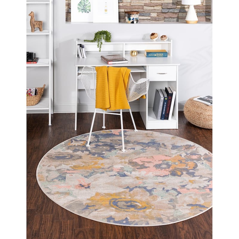 Country & Floral Heloise Collection Area Rug - 3'3" Round - Multi-Beige