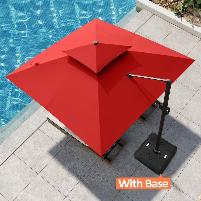 Pellebant 11 ft Patio Cantilever Offset Double Top Umbrella with Base - Red