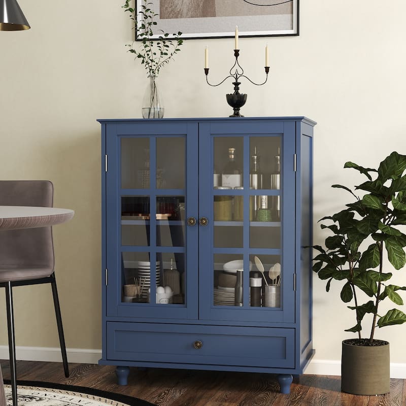 A Minimalist Buffet Cabinet with Double Glass Doors and a Drawer, Offering Modern Wooden Storage Solutions . - Blue