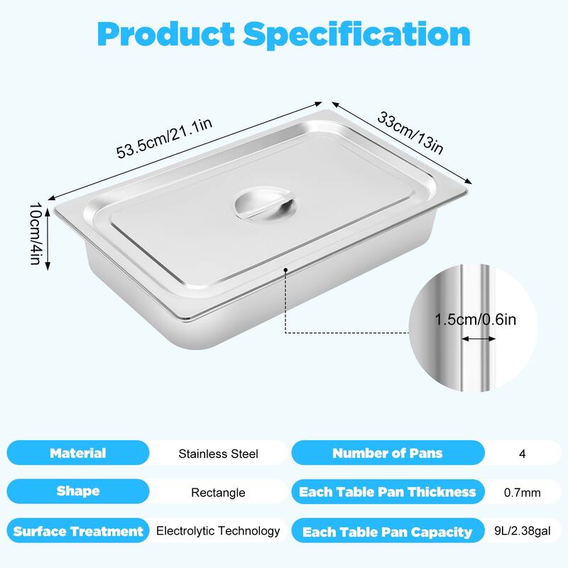 4 Pack Steam Table Pans Stainless Steel Catering Pan with Lids