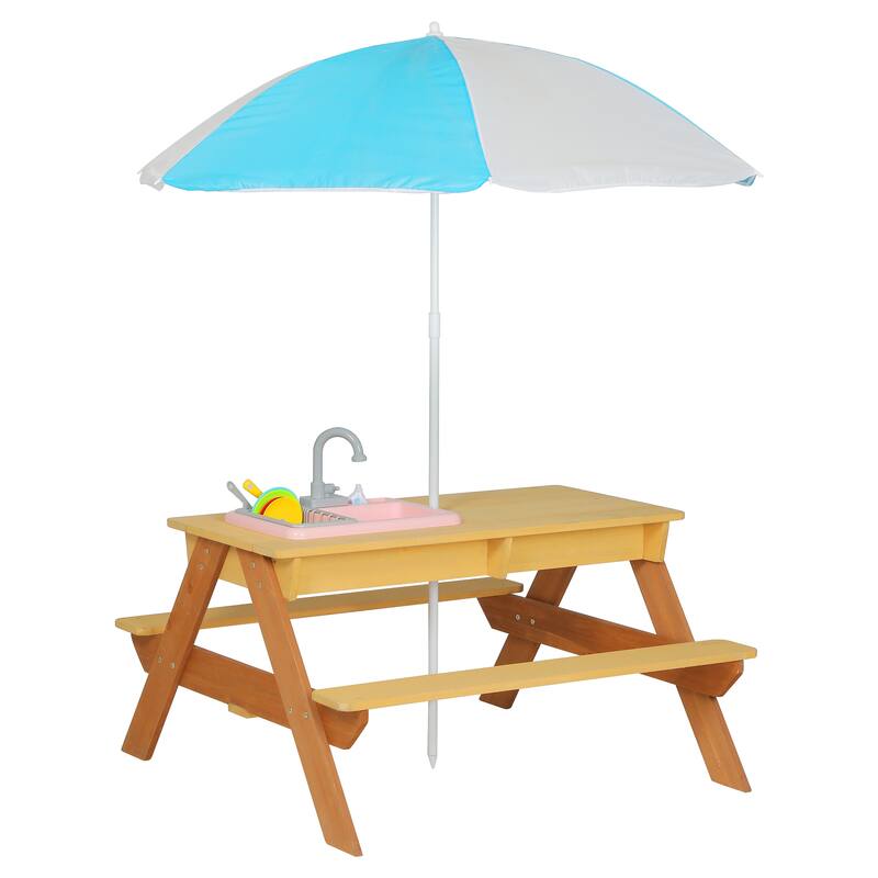 Wooden Kids Picnic Table, Sand and Water Table with Umbrella, Activity Table for Outdoor Backyard Patio Play