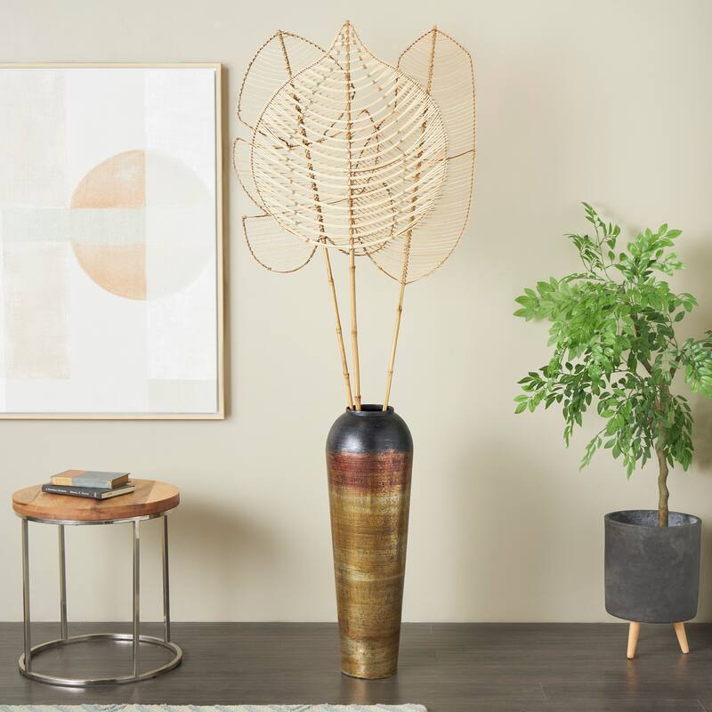 Black Bamboo Wood Handmade Tall Palm Leaf Woven Stick Leaf Home Decor Natural Foliage with Varying Shapes (Set of 3) - Brown