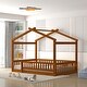 preview thumbnail 2 of 7, Kids House Bed with Roof & Fence, Pine Wood Bed Frame,Walnut - Full