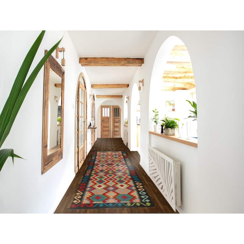 Hand Woven Oriental 100% Wool Carpet Southwestern Geometric Multi-Colored Kilim Runner Rug - 12' 9'' X 2' 9''