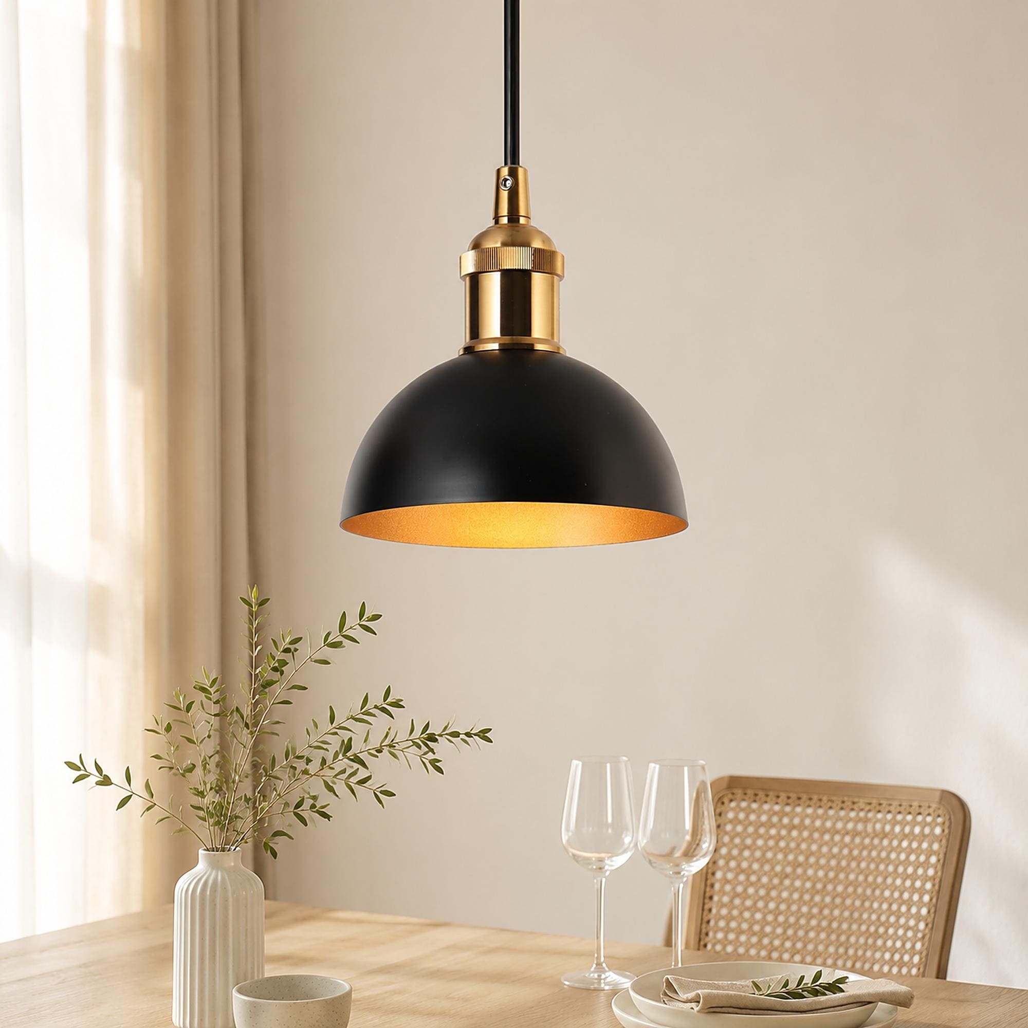 Modern Industrial 1-Light (6 Inch) Dome Black Gold Metal Pendant Light for Kitchen Island - 6" D x 6'' H