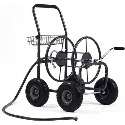 Garden Hose Reel Cart, Heavy Duty Hose Reel Cart with 4 Wheels, Storage Basket Design, 6' 5/8" leader hose include