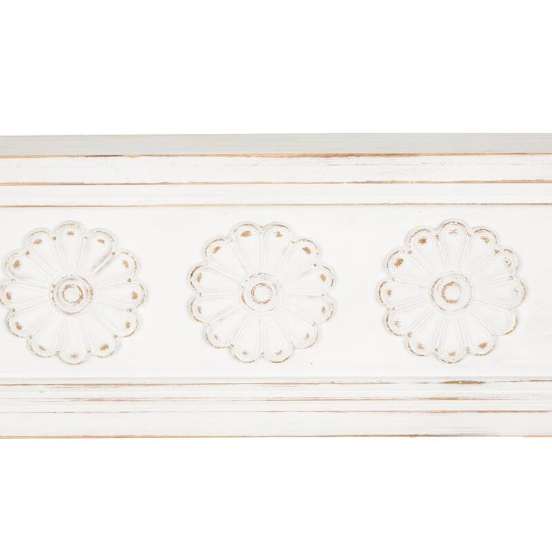 White Wooden Floral Room Wall Shelf with Brown Distressing