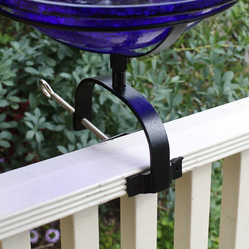 Achla Designs 12.5"Dia. Round Crackle Glass Birdbath w/Black Wrought Iron Over Rail Bracket