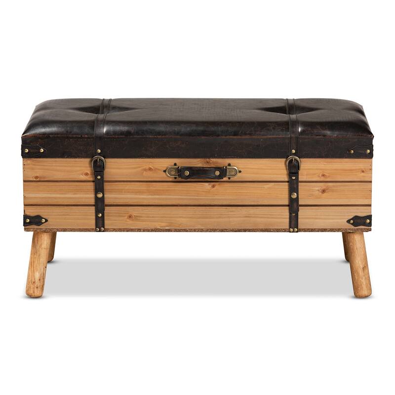 Amena Dark Brown PU Leather and Oak Wood Large Storage Ottoman