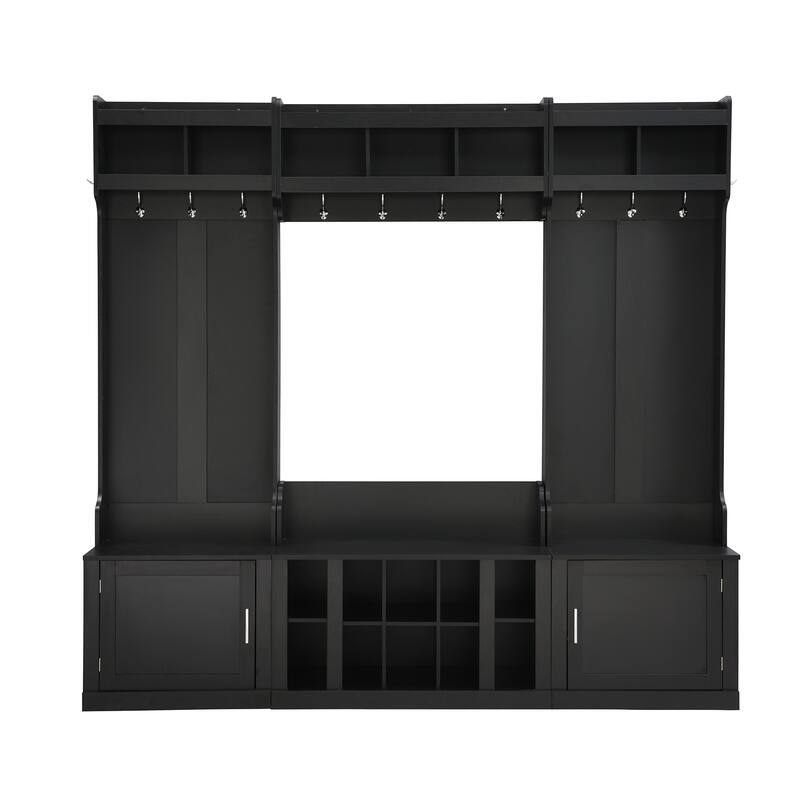 Roomfitters Wide Hall Tree with Storage Bench, 4-in-1 Entryway Organizer with Coat Rack, Shoe Cubbies and Shelves for Hallway