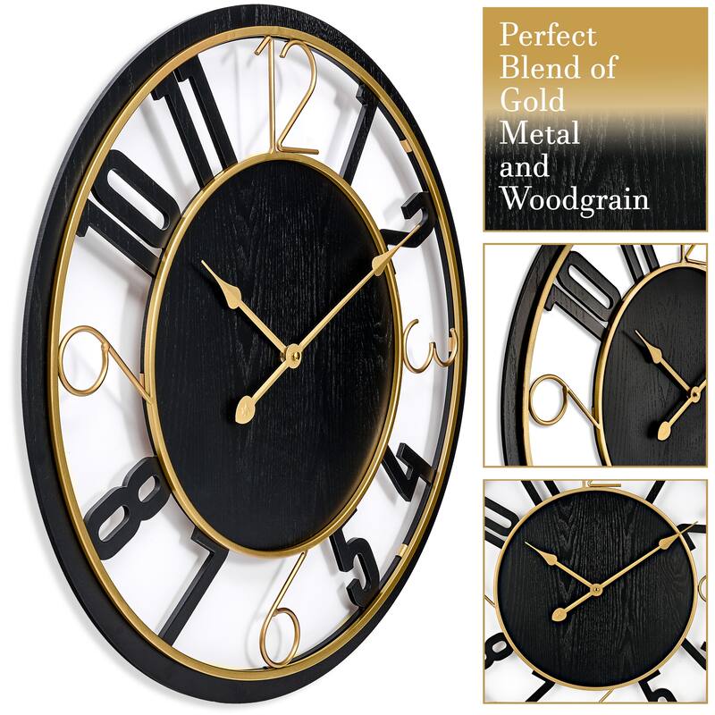 Sorbus Large 24" Decorative Round Wooden Analog Modern Wall Clock Battery Operated With Numeral Style Design
