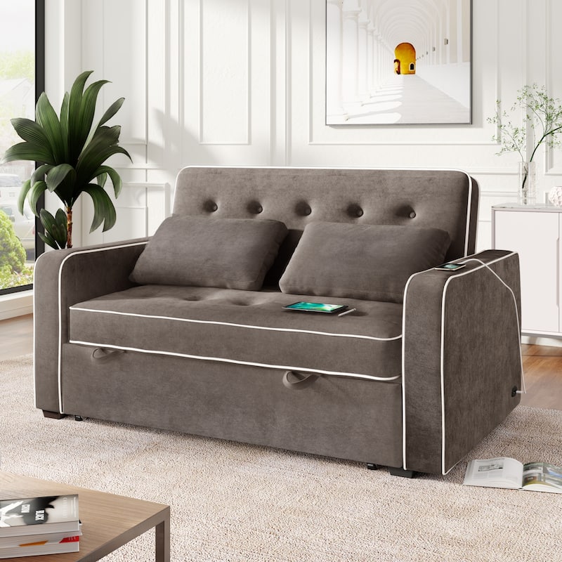 Pull Out Sleeper Bed, Sofa Bed Couch with USB Charging Port, Lounge Loveseat Sofa Daybed with Adjustable Backrest