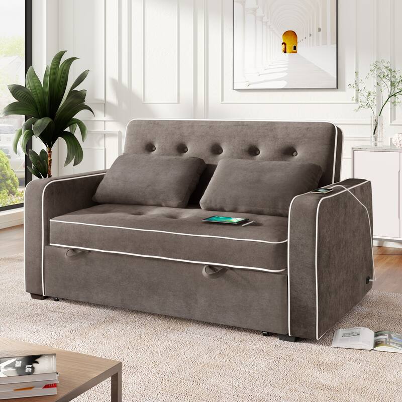 Upholstered Loveseat Pull Out Sofa Bed, Lounge Couch w2 Pillows & 2 USB Port, Adjustable Backrest Futon Sofa Tufted Couch