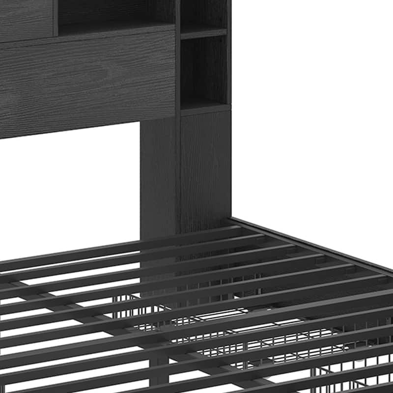 Queen/King Size LED Bed Frame with Bookcase Headboard, 4 Storage Drawers and Charging Station