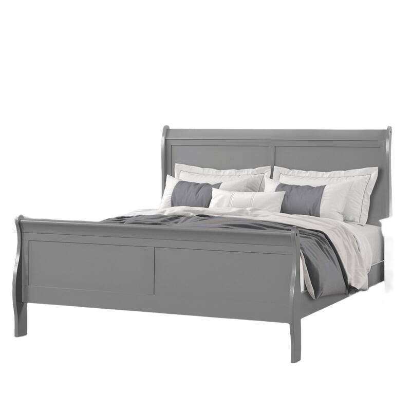 Queen Size Sleigh Bed in Gray with Wooden Bracket Feet
