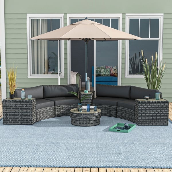 slide 2 of 16, Outsunny 8 Piece Patio Furniture Set with 4 Rattan Sofa Chairs & 4 Tables, Outdoor Conversation Set with Storage & Umbrella Hole Grey