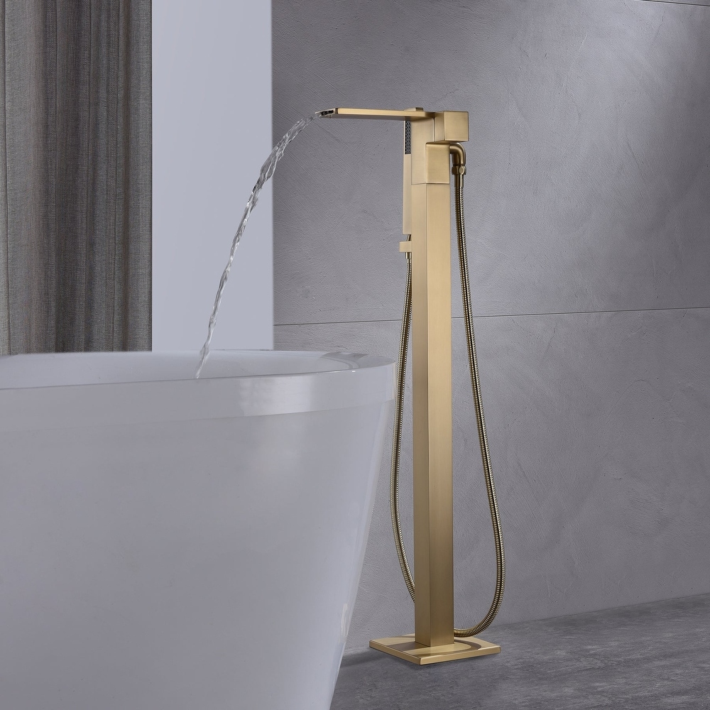 Chrome Floor Mount Bathroom Tub Faucet Waterfall Tub Filler Hand Shower Mixer 
