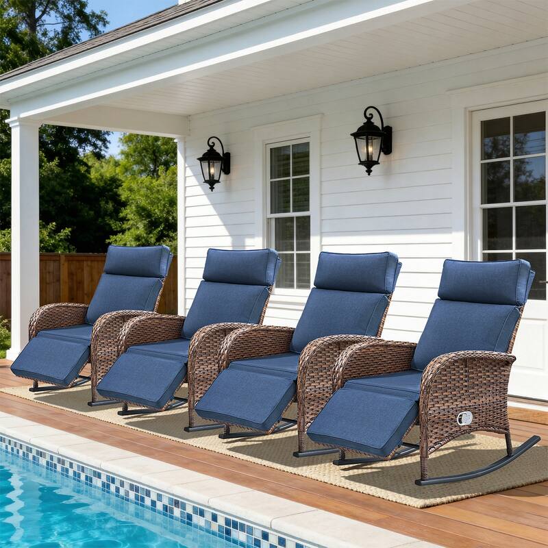Pocassy Patio Wicker Recliner Rocker Chair with Adjustable Backrest - Brown Wicker with Blue Cushion - 4 Piece Rocker Recliner Chair