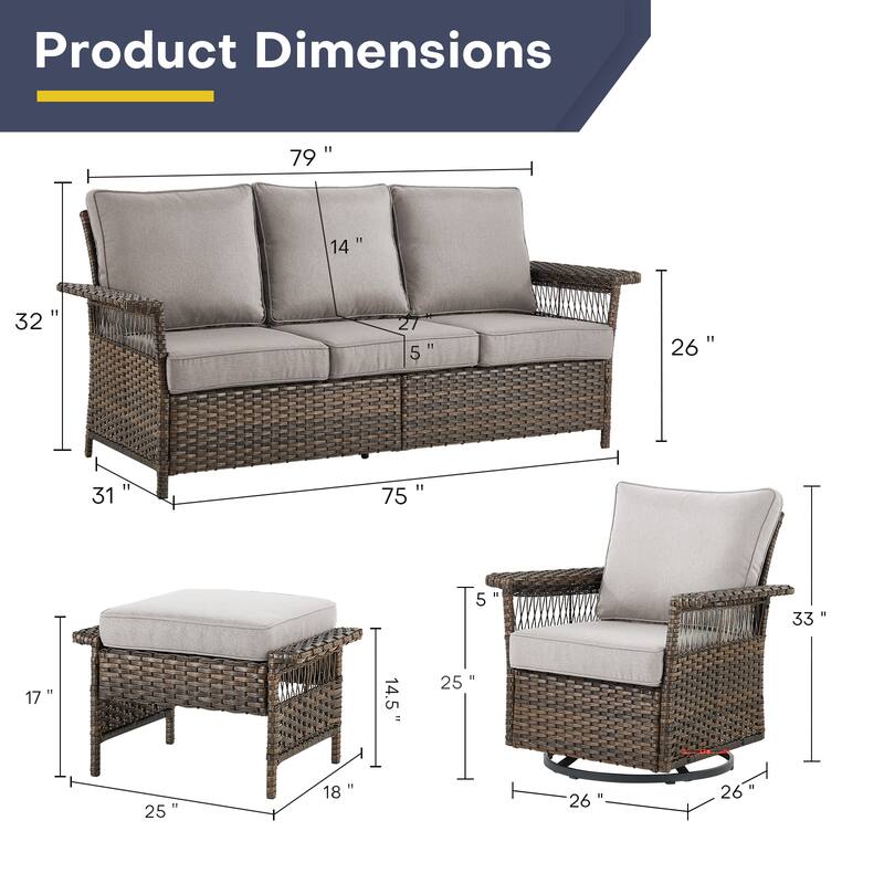 Gymojoy 5-Piece Wicker Outdoor Patio Sofa Chairs And Ottoman - Brown
