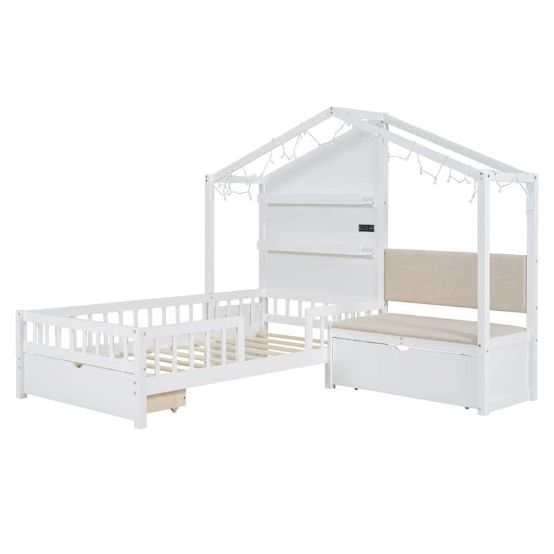 Twin Size Wood House Bed with Upholstered Sofa