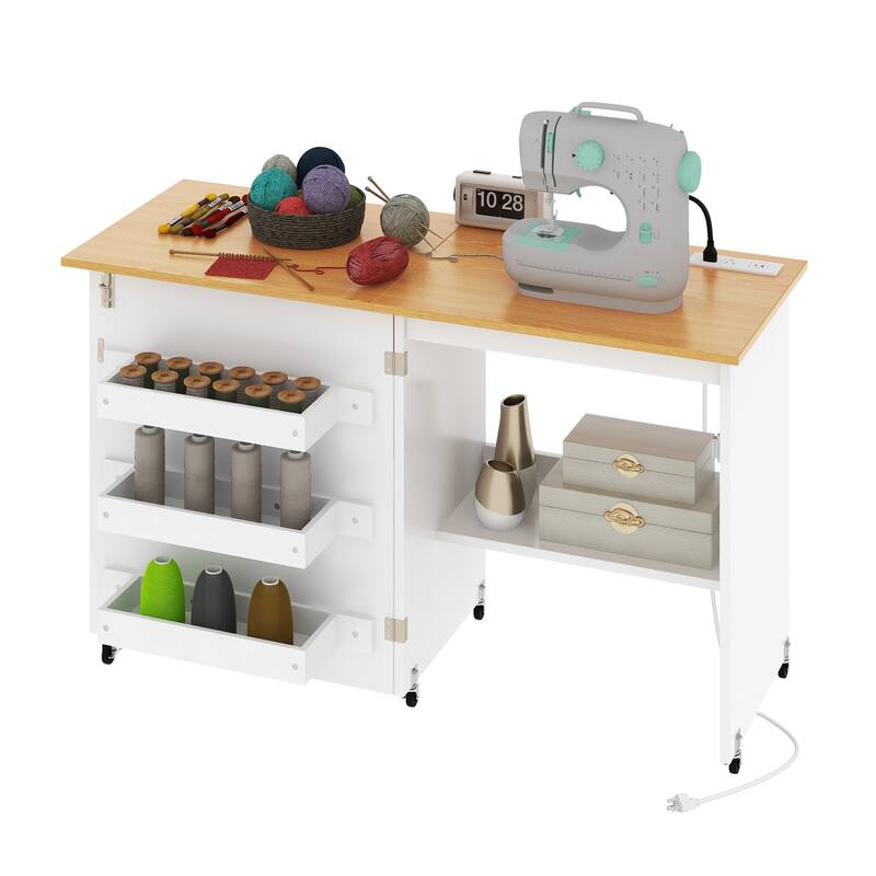 Moasis Folding Sewing Craft Table with Storage Shelves Cabinet With Charge Station