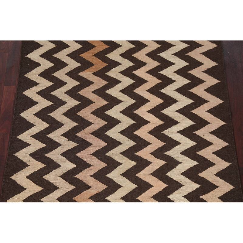 Chevron Style Kilim Natural Dye Wool Area Rug Flat-weave Foyer Carpet - 5'2" x 6'11"