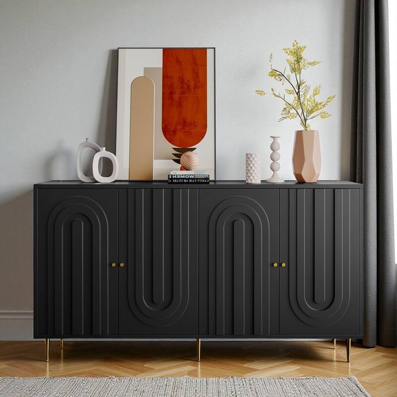 Modern 4-Door Lacquered Sideboard Buffet Cabinet with Gold Legs, Adjustable Shelves for Living Room or Dining Room