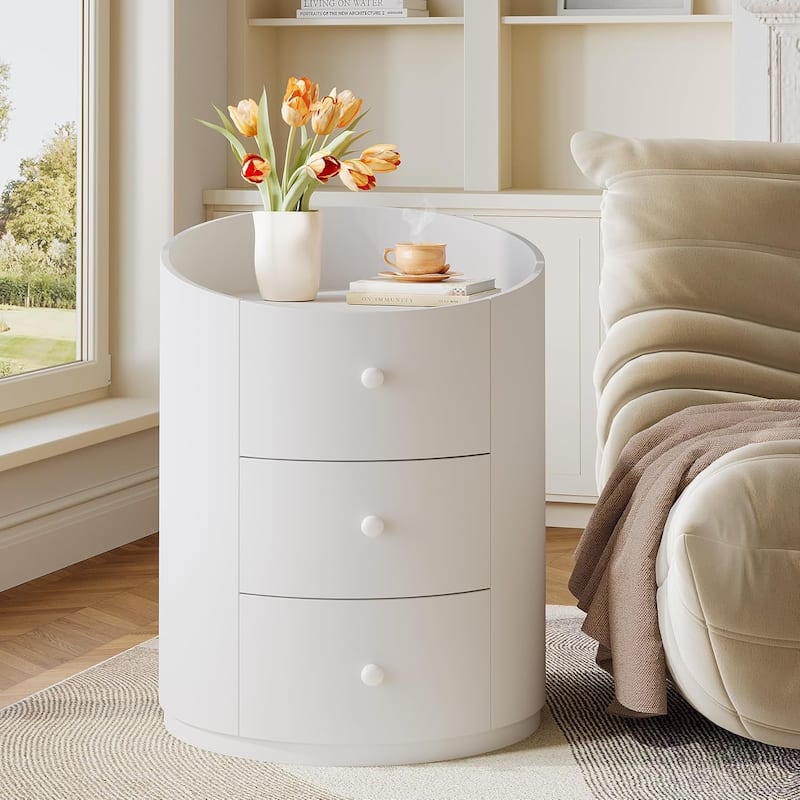 White Modern Wood Round Nightstand Bed Side Table with 3 Drawers - White