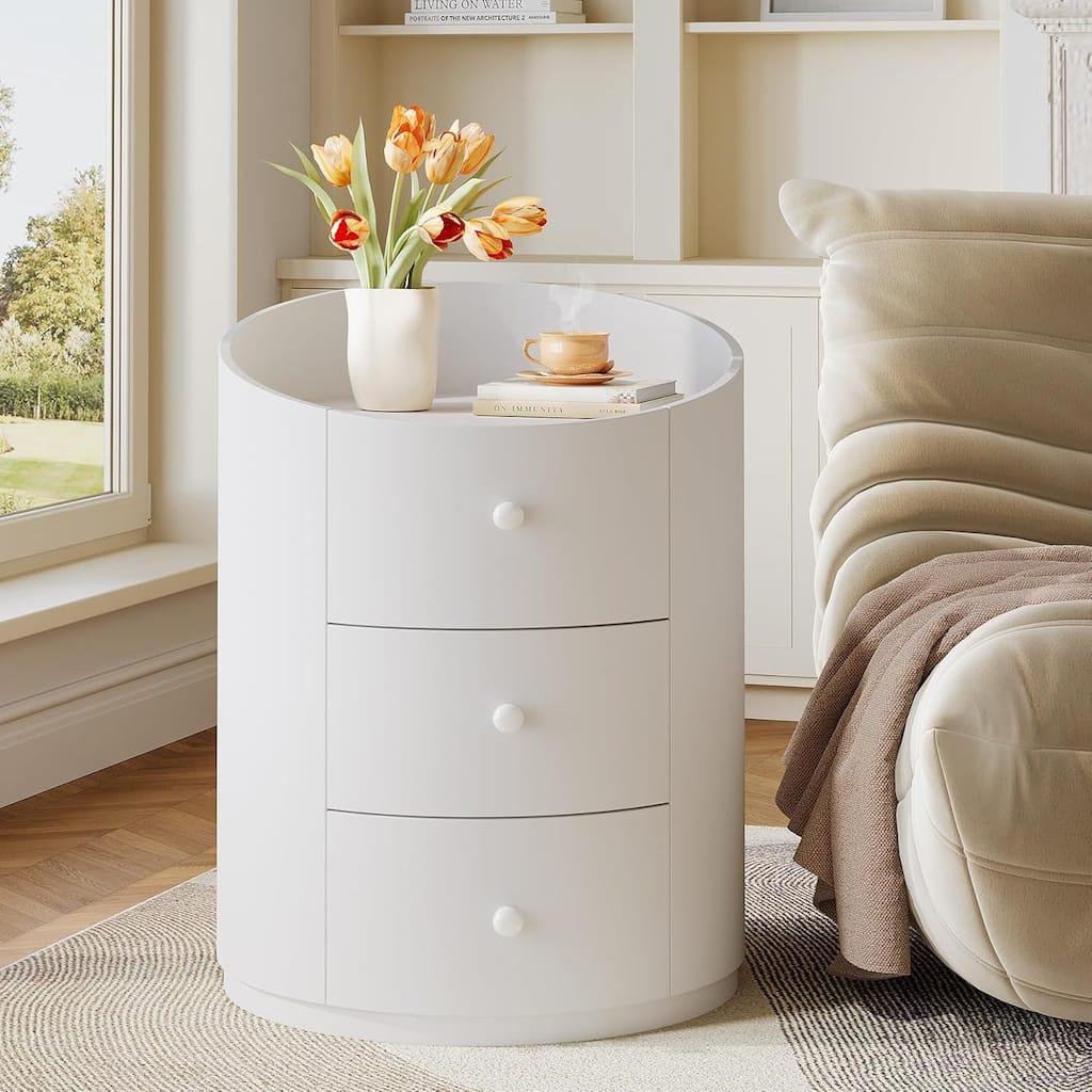 White Modern Wood Round Nightstand Bed Side Table with 3 Drawers