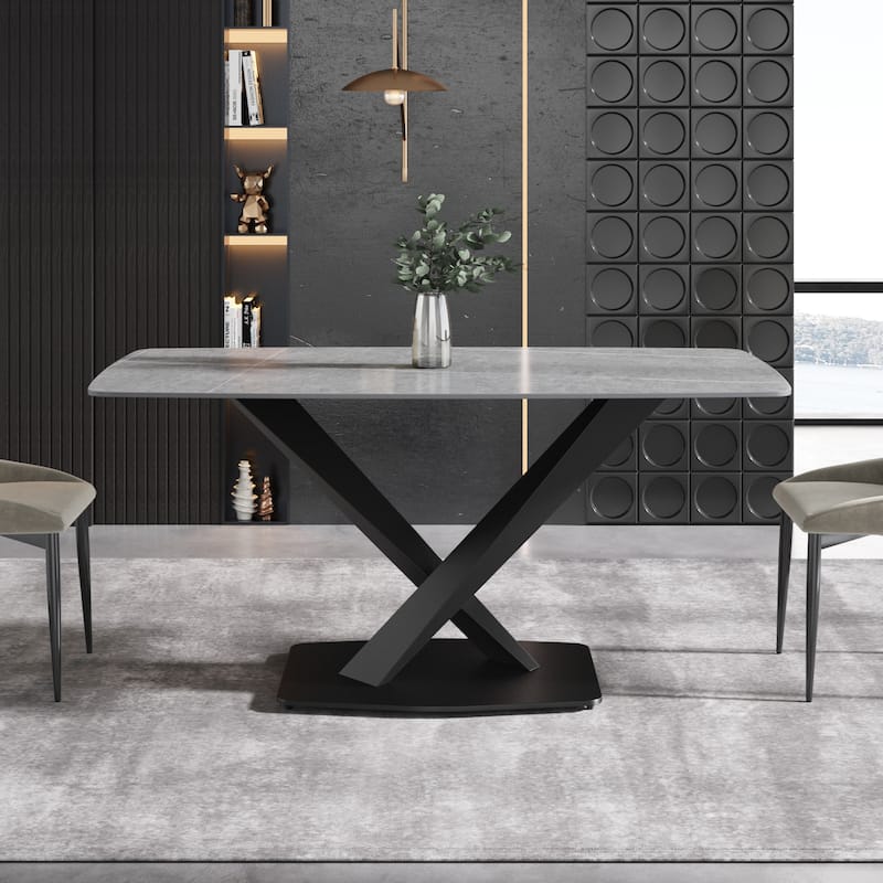 63" Modern Rectangular Sintered Stone Dining Table with Black X-Shaped Carbon Steel Legs