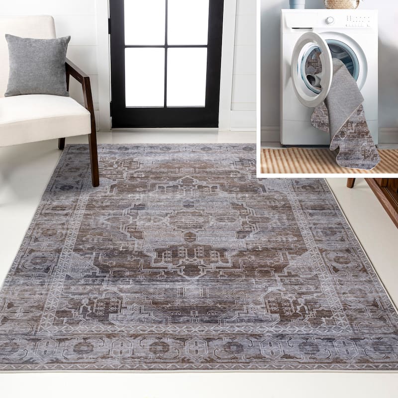 JONATHAN Y Dalyan Ornate Medallion Machine Washable Area Rug - 5 X 8 - Brown/Light Gray