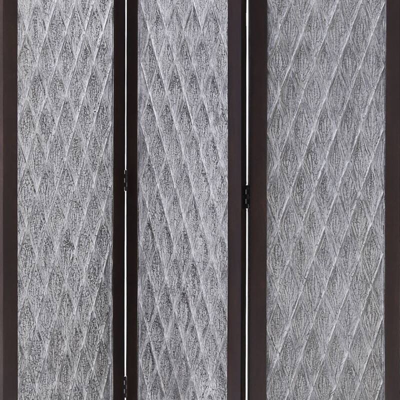 Wooden 3 Panel Room Divider with Textured Diamond Pattern, Gray and Black