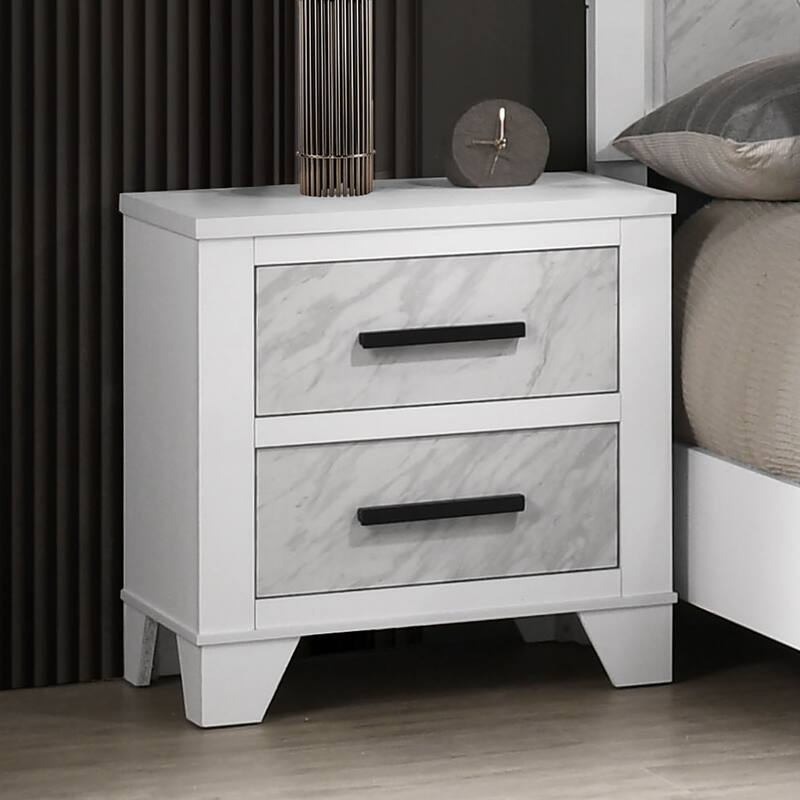 White Nightstand with Black Bar Pulls and Faux Marble Insert