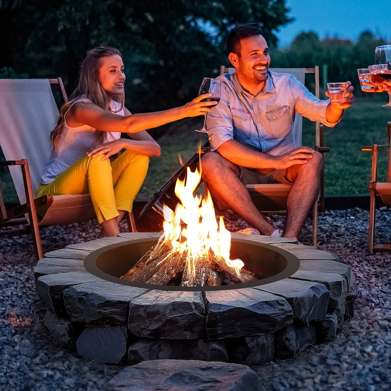 Black Carbon Steel Round Ring Fire Pit Perfect for Outdoor Special Events or Holiday Gatherings